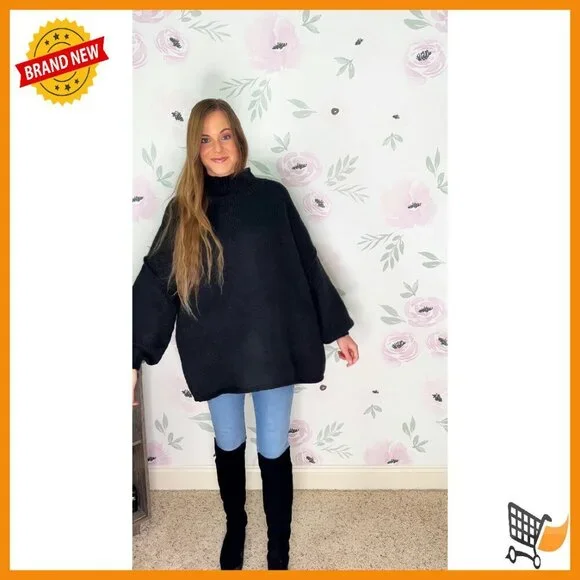 Oversized Mock Neck Batwing Sweater Ribbed Knit Tunic Pullover - Picture 8 of 8